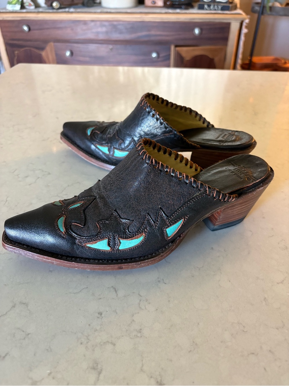 Handcrafted Corral Espresso Leather Western Mule Slides with Turquoise Inlay
